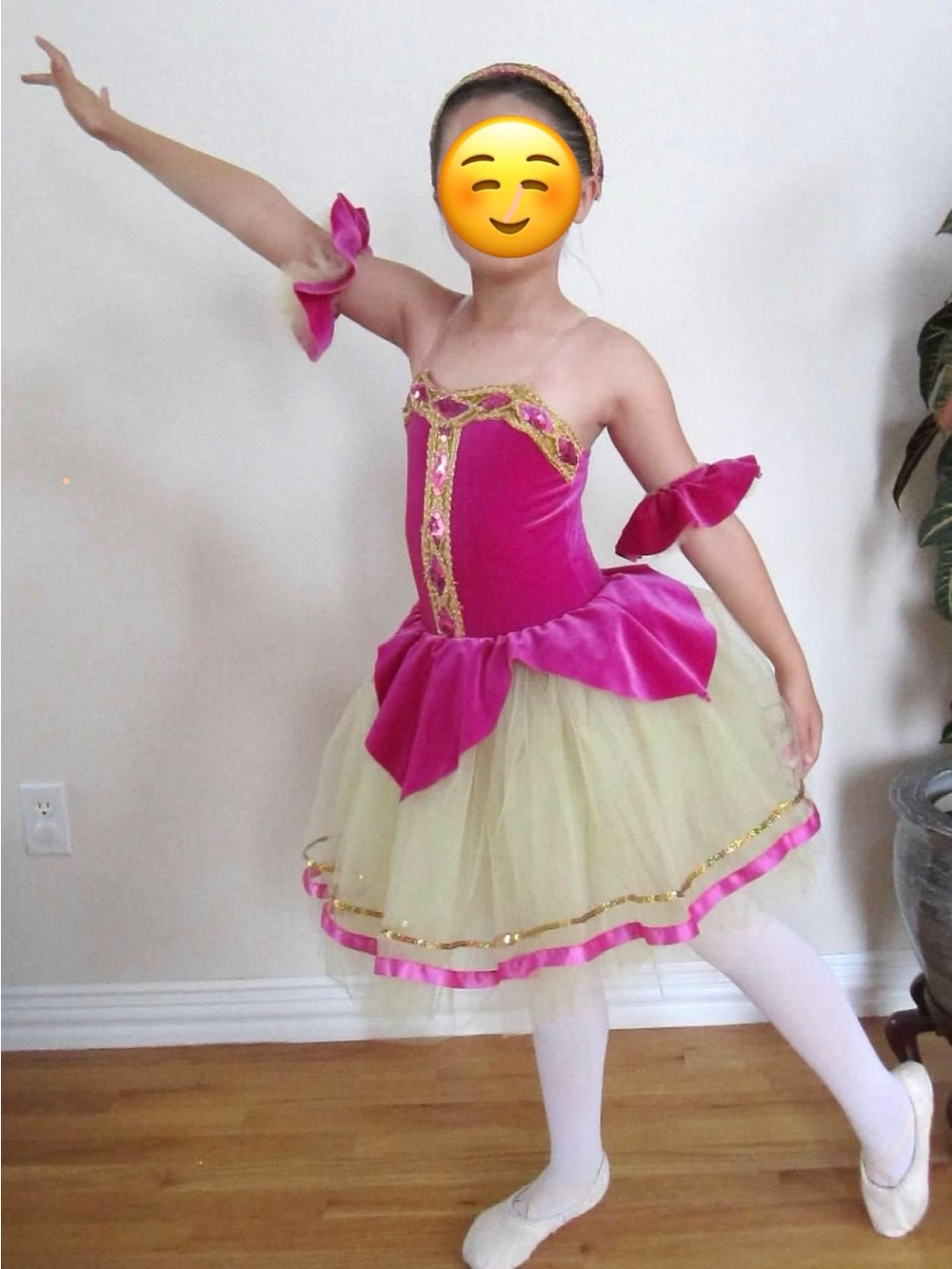 Girls Hot Pink and Cream Ballet Tutu Dance Costume with Gold Trim